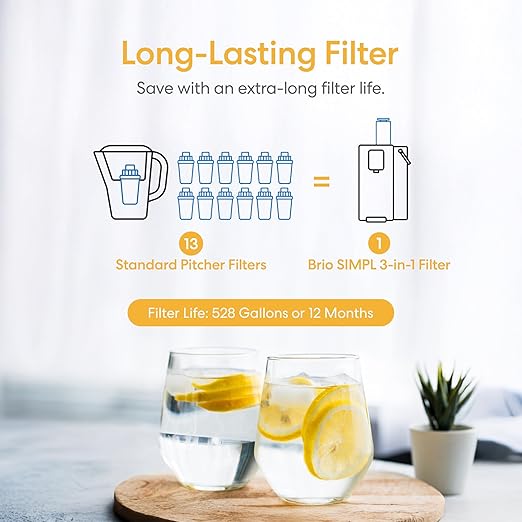 Brio SIMPL Countertop Water Dispenser, 3 Stage Water Filter & Adjustable Instant Hot Water | Easy Access Refillable 2.5L Tank | Tall 8.5" Dispense Height, LED Touch Controls, White