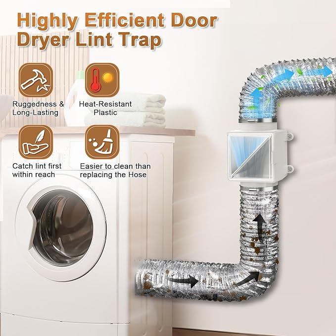 Dryer Lint Trap, Indoor Dryer Vent with Lint Catcher Filter,Secondary Dryer Duct Lint Trap with 2 4" Plastic Clamps, Accommodates 4" Transition Ducts, A Good Match for Dryer Booster Fan