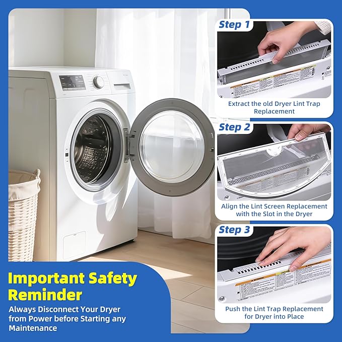 WE03X23881 Dryer Lint Trap Replacement for GE Hotpoint GTD65EBSJ3WS GTD45EASJ2WS GTD42EASJ2WW GTD42GASJ2WW GTD33EASK0WW GTX22EASK0WW Dryer Lint Screen Replacement, With Dry Lint Cleaning Brush & Hooks