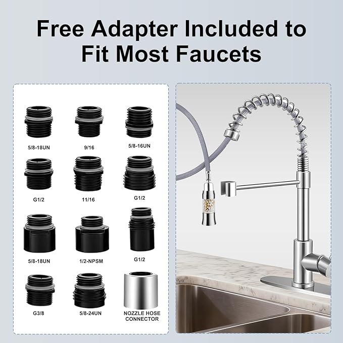 Metal Kitchen Faucet Head Replacement with Filter - Pull Down Spray Head Water Filter for Sink - 2 Modes Sink Sprayer Replacement with 12 Nozzle Adapters - Anti-clogging Design