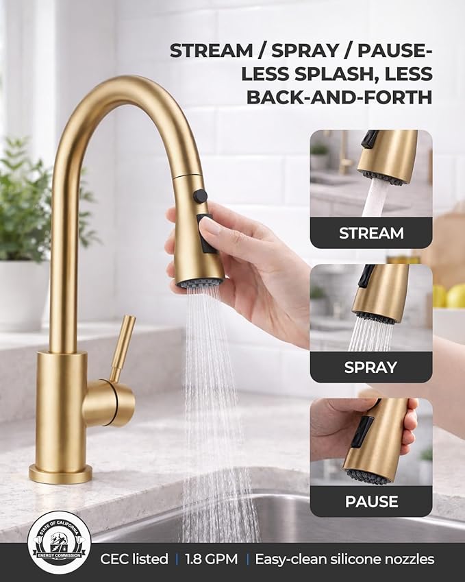 WEWE Kitchen Faucets with Pull Down Sprayer, Stainless Steel Single Handle 1 Hole for Family Kitchen Commercial Camper Laundry Rv Bar, Gold