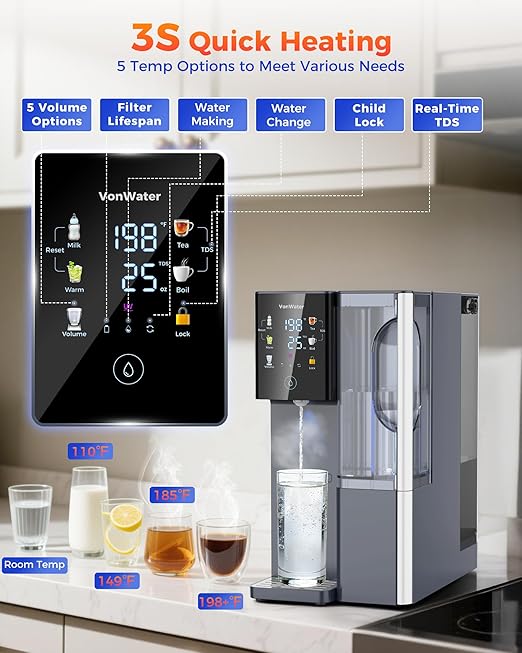 3S Instant Hot Reverse Osmosis Water Filter Countertop, 7-Stage RO Water Filtration System with 2 Portable Pitchers, NSF/ANSI 372,42,58, Reduce TDS PFAS, No Install (CT910H-2 Pitchers)
