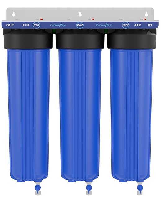 3-Stage Whole House Water Filter System, 20x4.5 Inch, Dual Carbon (GAC & CTO) for Max Chlorine & Odor Reduction, 1" NPT Brass Ports, Drain Valves & Install Kit