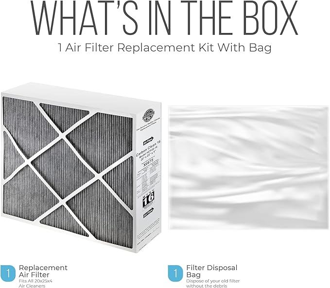 Lennox 20x25x5 Furnace Filter, X6675 Filter Replacement, Merv 16 Carbon Clean with Homequip Disposal Bag 1-Pack (Actual Size: 19.8 x 24.8 x 4.3 Inches)