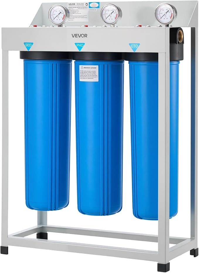 VEVOR Whole House Water Filter System, 3-Stage | Sediment, PHO, CTO | 4.5" x 20" Home Water Purifier Filter Reduce Chlorine, Bad Taste, Odor, Rust, Prevent Scale and Corrosion