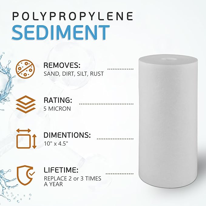 Ronaqua 10" x 4.5" Big Sediment Replacement Water Filter Cartridge, 5 Micron, NSF Certified, for Whole House, Compatible with RFC-BBSA, W15-PR, WFHD13001B, GXWH35F, HF45-10BLBK10PR and AP817, 4 Pack