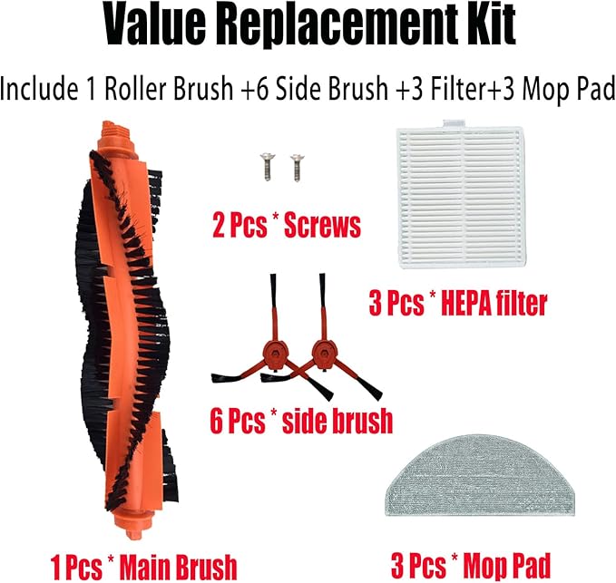 Brush Filter Mop kit Replacement Parts for BPMIO B20 plus Robot Vacuum Accessories 1 Main Brush 6 Side Brush 6 HEPA Filter 3 Mop Pad