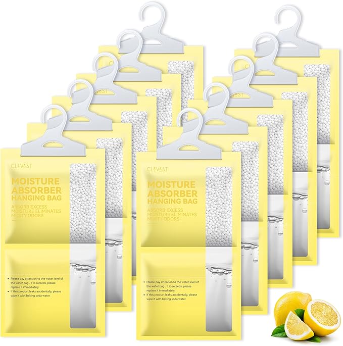 CLEVAST Moisture Absorbers Packets 10 Pack, Dehumidifier Bags for Closet, Scented Hanging Humidity Absorber in Wardrobes, Bedrooms, Bathrooms (Lemon)