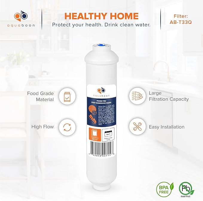 Aquaboon T33 Inline Post Activated Carbon Water Filter for Refrigerator, Ice Maker w/Quick Connect for 1/4 Water Line Compatible with ICF-10, 6-Pack