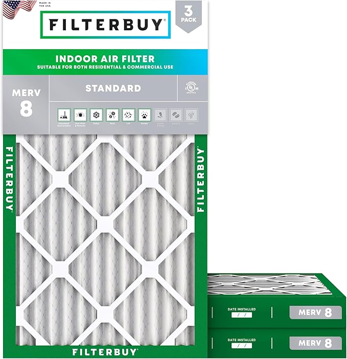 Filterbuy 16x25x2 Air Filter MERV 8 Essential Dust & Allergy Defense (3-Pack), Electrostatic Pleated HVAC AC Furnace Filters Replacement (Actual Size: 15.50 x 24.50 x 1.75)