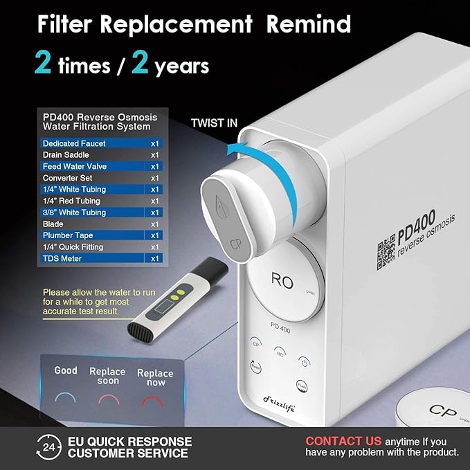 Frizzlife Reverse Osmosis System - Tankless 400 GPD Drinking Water Filtration System, Quick Twist Under Sink RO Filter - 1.5 : 1 Pure to Drain - Reduce TDS, Compact Footprint, USA Tech Support, PD400