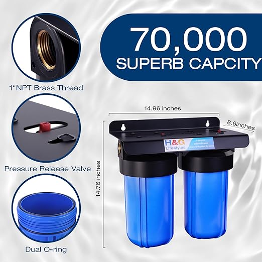 H&G Lifestyles Whole House Water Filter Iron for Well Water, Reduce Iron Fluoride Manganese,with GAC KDF Filters,Reduce Chlorine Odor Heavy Metal Lead,2 Stages Water Filtration System 70,000 Gallons
