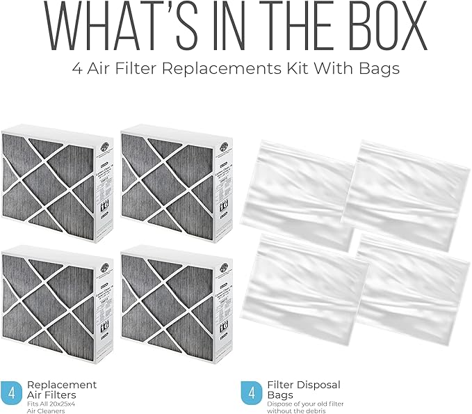 Lennox 20x25x5 Furnace Filter, X6675 Filter Replacement, Merv 16 Carbon Clean Filter Media with Homequip Disposal Bag 4-Pack (Actual Size: 19.8 x 24.8 x 4.3 Inches)