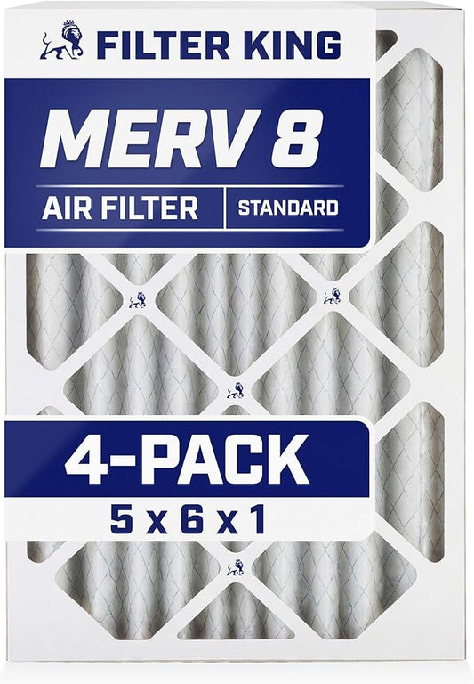 Filter King 5x6x1 Air Filter (MERV 8) (4-Pack) Dust & Allergy Control AC Furnace Filters, MADE IN USA, HVAC, Pleated, Electrostatic (Actual Size: 5 x 6 x .75)