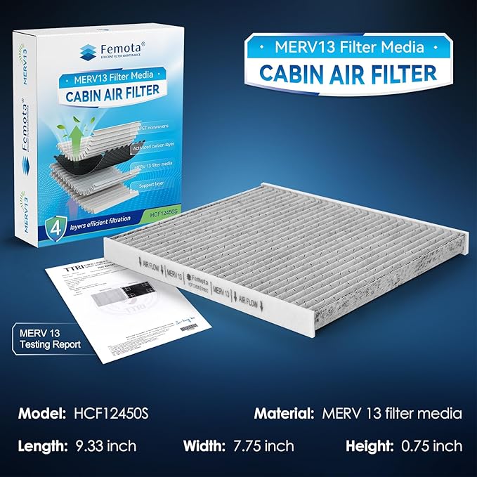 MERV 13 Cabin Air Filter with Activated Carbon, CF12450 for Jeep Wrangler(2018-2024), Gladiator(2020-2023); NOT for Diesel Engines; OE: 68301863AA, 68565698AA.