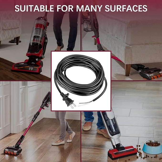 HASMX 30ft Extra Length 18/2 Replacement Vacuum Cleaner Power Cord for All Upright Vacuum Cleaner for Shark Eureka Sanitaire Bissell Vacuum Replaces Old Damaged 2-Prong Power Cord - Black Color