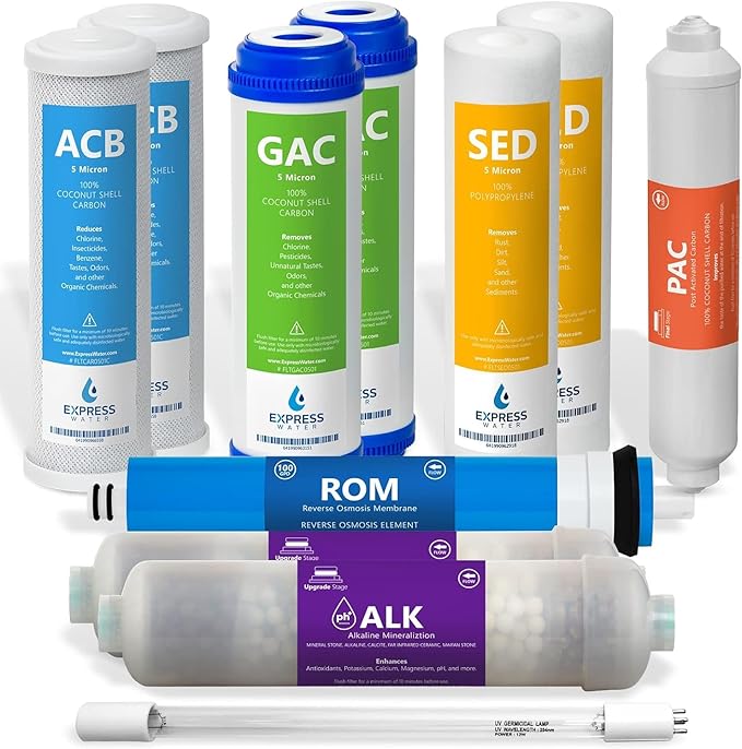 Express Water – 1 Year Reverse Osmosis System Filter Set – 11 Filters with 100 GPD RO Membrane, Carbon GAC ACB PAC, Sediment SED, Alkaline, and UV Filters – 10 inch Size Replacement Water Filters