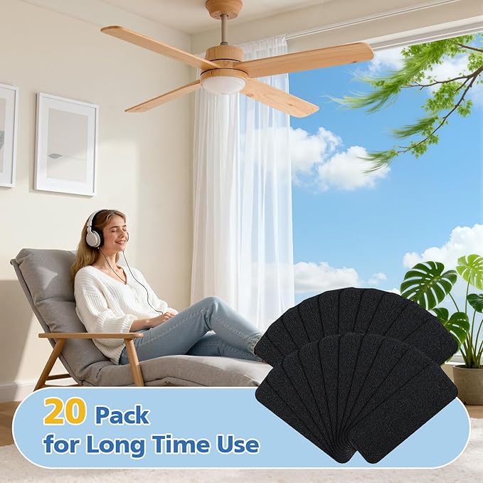 20 Pack Ceiling Fan Filters for Blades, Activated Coconut Shell Carbon Fan Blade Air Filters for Dust, Odors & Pet Dander, Easy Stick Universal Fit Ceiling Fan Air Purifier Pads, Unscented