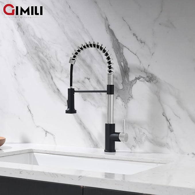 GIMILI Kitchen Faucet with Pull Down Sprayer Single Hole Stainless Steel Sink Faucet, Suitable for Farmhouses, RV, Laundry Room, Outdoor, and Campers. Llave para fregadero de cocina Nickel and Black