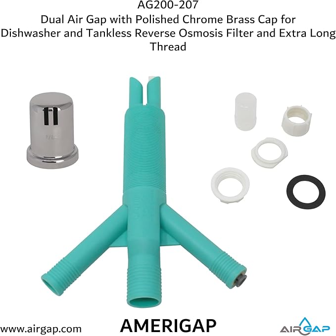 Dual Air Gap with Polished Chrome Brass Cap for Dishwasher and Tankless Reverse Osmosis Filter and Extra Long Thread (AG200-207, AG200-X07, AMERIGAP)