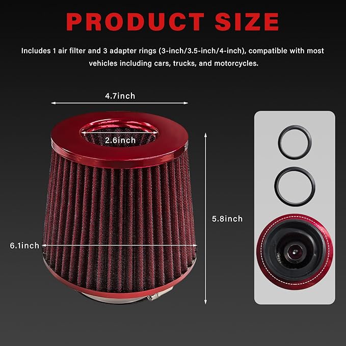Sun Walker Clamp-on Air Intake Filter, 3/3.5/4 Inch High Flow Round Tapered Air Filter for Enhanced Engine Power, Washable & Reusable Cone Filters Replacement for Car Truck Motorcycle (Red)