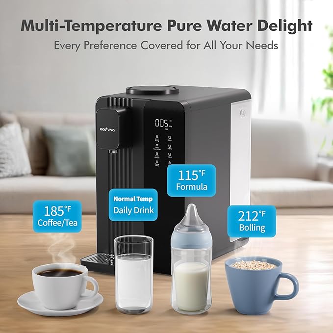 Ecoviva MATE4 UV Countertop Reverse Osmosis Water Filter System, 4 Temperature Options, 7 Stages Instant Hot RO Water Filtration System, 3:1 Pure to Drain, TDS & Filter Life Monitor, (Black & Grey)