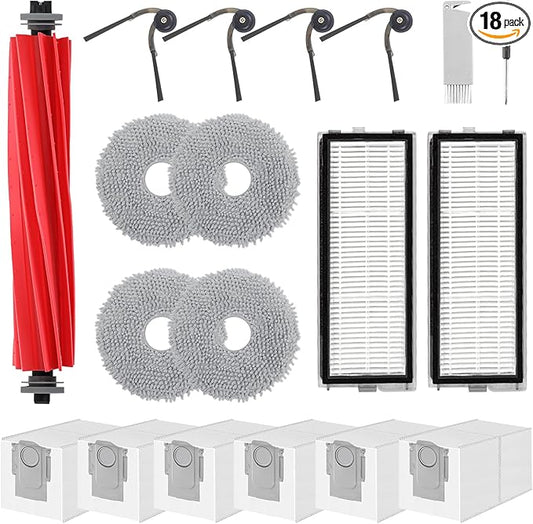 Accessories Replacement Kit for Roborock Qrevo Serie - QV 35A/QV 35S, QR 598/QR 798 Robot Vacuum, 1 Main Brush, 4 Mop Clothes, 2 Filters, 4 Side Brushes, 6 Dust Bags, 1 Cleaning Tool - 18 Pcs
