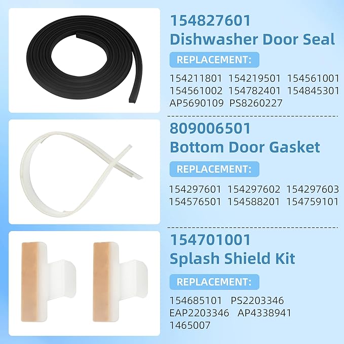 154827601 for Frigidaire Dishwasher Door Seal Gallery Parts Kenmore Electrolux Dishwasher, Seal Replacement Including 809006501 Bottom Door Gasket&154701001 Splash Shield Kit by APPLIANCEMATES