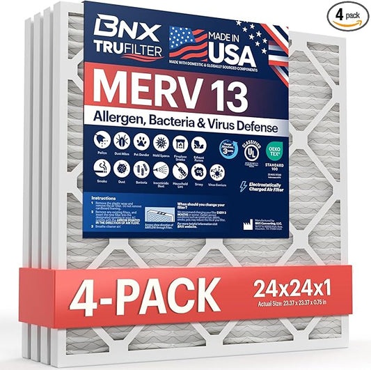 BNX TruFilter 24x24x1 Air Filter MERV 13 (4-Pack) - MADE IN USA - AC Furnace Filters for Allergies, Pollen, Mold, Bacteria, Smoke, Allergen, MPR 1900 FPR 10 (Actual Size: 23.38 x 23.38 x 0.75 Inches)