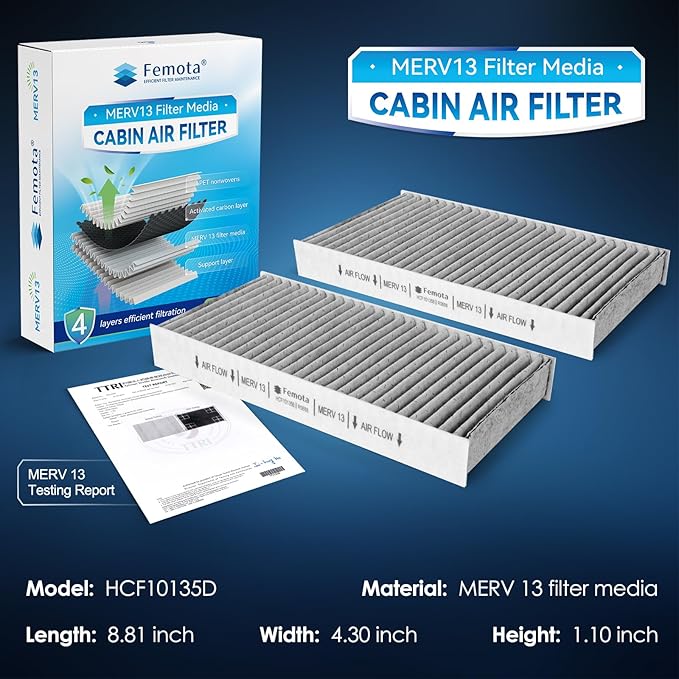 Certified MERV 13 Cabin Air Filter with Activated Carbon, CF10135（CP135）Repalce for Honda Civic (2001-2005), CRV(2002-2006), Element (2003-2011), Acura RSX（2002-2006, EL (1997-2005)