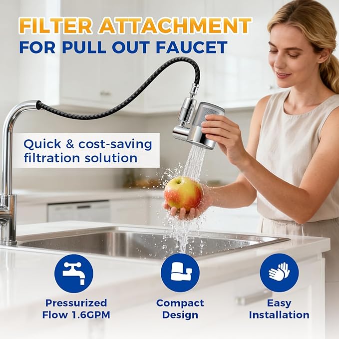 KLLEYNA Pull-Down Faucet-Mount Water Filters - (22 Adapters) Swivel 720° Sink Tap Filtration, ACF Reduce 99% Chlorine for Great Taste, 528 Gallon Purifier Kitchen/Bathroom,High Pressure 2-Mode Spray