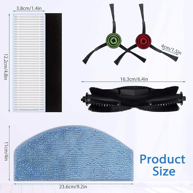 Replacement Parts for Tikom G8000/G8000 Pro/HONITURE G20 Robot Vacuum Cleaner - Spare Accessories - 1 Main Roller Brush 8 Side Brushes 4 HEPA Filters 4 Mop Pads and 1 Brush