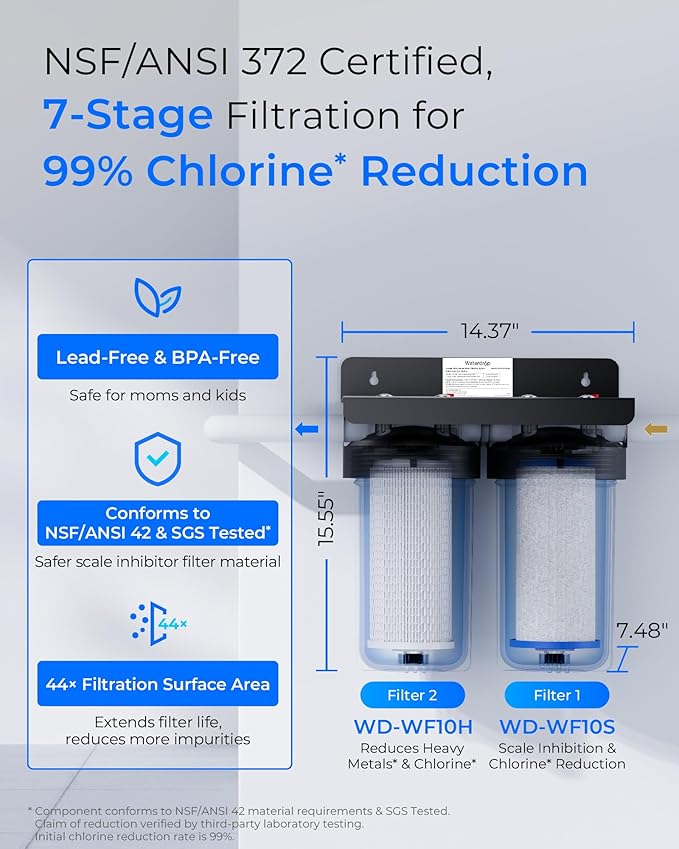 Waterdrop 2 Stage Whole House Water Filter System, with Heavy Metal and Anti-Scale Sediment Filter, Highly Reduce Iron, Scale, Lead, Chlorine, Taste, 7-Stage Filtration, WD-WHF21-SH, 1" Inlet/Outlet