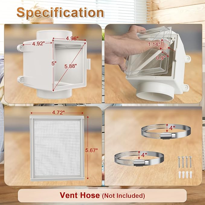 Dryer Lint Trap, Indoor Dryer Vent with Lint Catcher Filter,Secondary Dryer Duct Lint Trap with 2 4" Plastic Clamps, Accommodates 4" Transition Ducts, A Good Match for Dryer Booster Fan