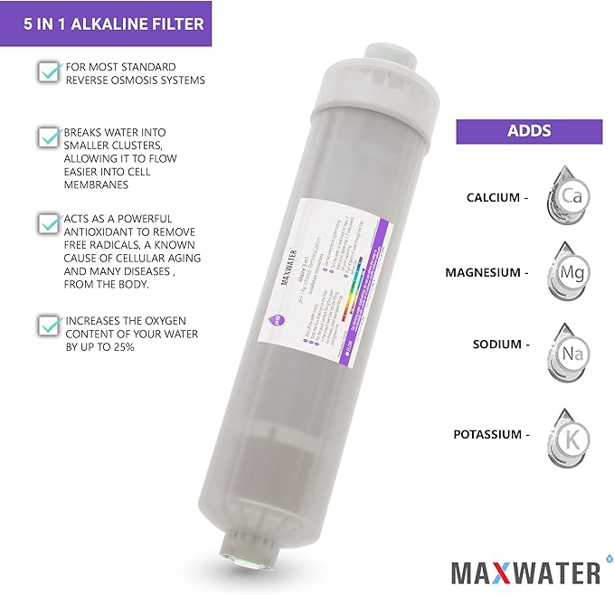(2 Pack) Ph+ Alkaline, Mineral, Far infrared 5 in 1 Max Water filter, compatible with most pH Reverse Osmosis Water Filtration Systems