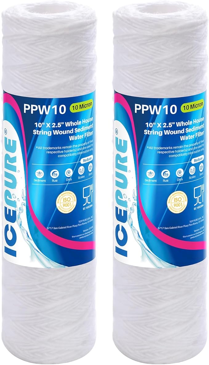 ICEPURE 10 Micron 10" x 2.5" String Wound Sediment Water Filter Cartridge for Well filter Universal Replacement for Any 10 inch RO Unit, WP-5, Aqua-Pure AP110 CFS110 Culligan P5 WFPFC4002 CW-MF, 2PACK
