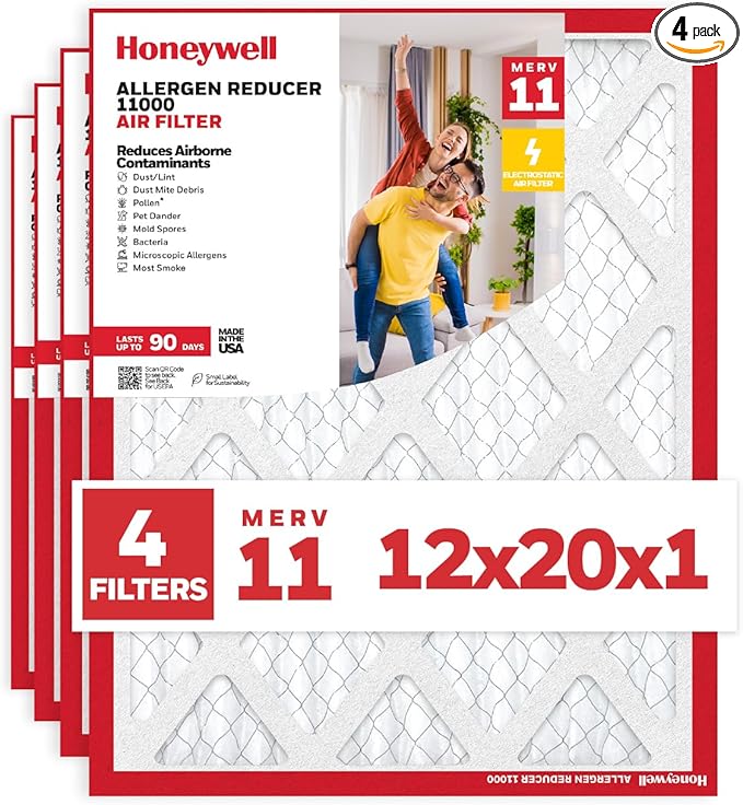 Honeywell 12x20x1 MERV 11 Allergen Reducer 11000 Electrostatic Pleated HVAC AC Furnace Air Filter (4-Pack) | Replacement Filter for Home Use | Made in USA