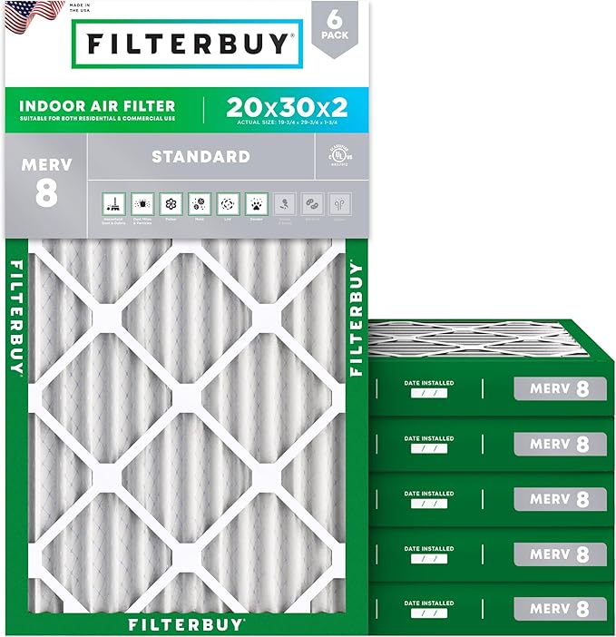 Filterbuy 20x30x2 Air Filter MERV 8 Essential Dust & Allergy Defense (6-Pack), Electrostatic Pleated HVAC AC Furnace Filters Replacement (Actual Size: 19.75 x 29.75 x 1.75)
