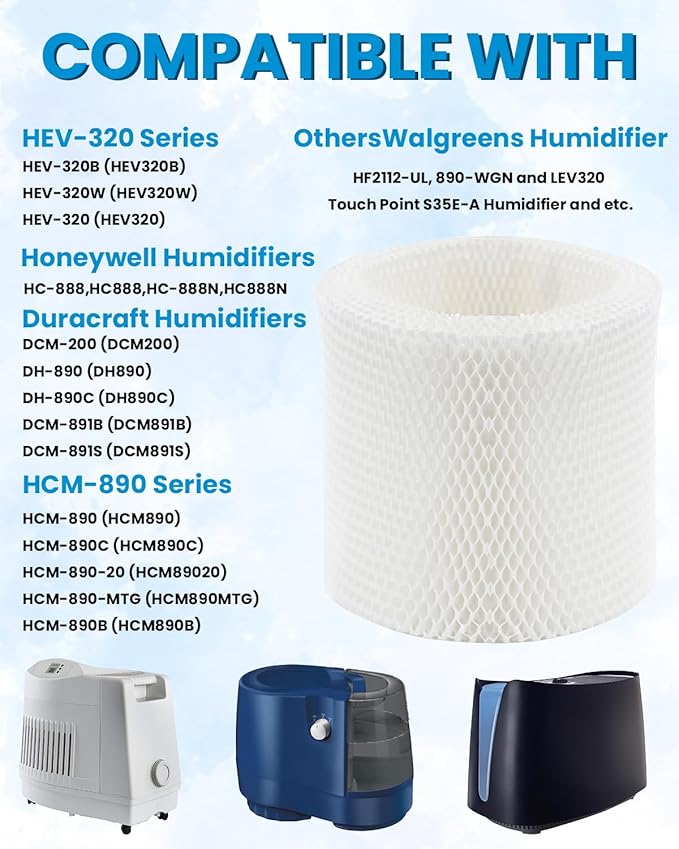 HC-888 HC-888N Humidifier Wicking Filter C Replacement, Compatible with Honeywell HCM-890 HEV-320 Series, Duracraft DCM-200 DH-890, Walgreens 890-WGN,Cool Mist Humidifier Filters