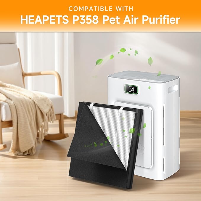 P358 Replacement Filter Compatible with HEAPETS P358 Pet Air Purifier, 3-in-1 Air Filter for Pet Hair, Dander, Odor, Includes 2 Composite Filters and 6 Pre-Filters