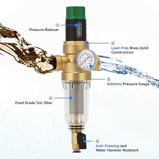 Solimeta Spin Down Sediment Filter with Pressure Reducer and Pressure Gauge, 50/100 Micron Precision, 3/4" NPT