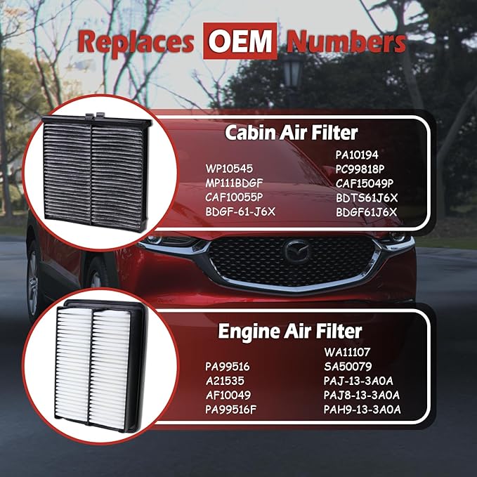 PAJ8-13-3A0A Engine Air Filter and BDGF-61-J6X Cabin Air Filter kit Compatible with 2023-2025 CX-50 2.5L Not for Hybrid 2019-2025 Mazda 3 2.0L 2.5L 2020-2025 CX-30 Replaces PAH9-13-3A0A BDTS61J6X