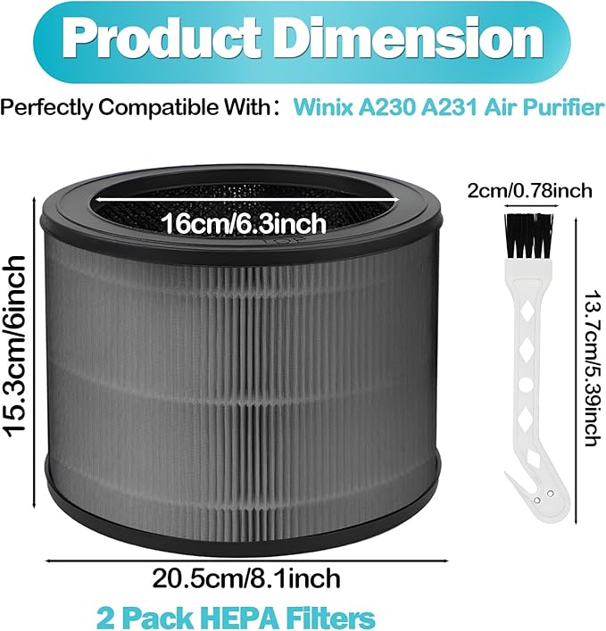 2 Pack A230 Filter Replacement Size O Compatible with Winix A230 A231 Air Purifier, True High Efficiency Replacement Filter Size O with Brush for Winix, Number 1712-0100-00
