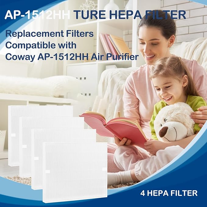 AP-1512HH True HEPA Filter Replacement Compatible with Coway Airmega AP-1512HH Mighty and Airmega 200M Air Cleaner Purifier, Item NO #3304899, 4 Pack HEPA Filter Only