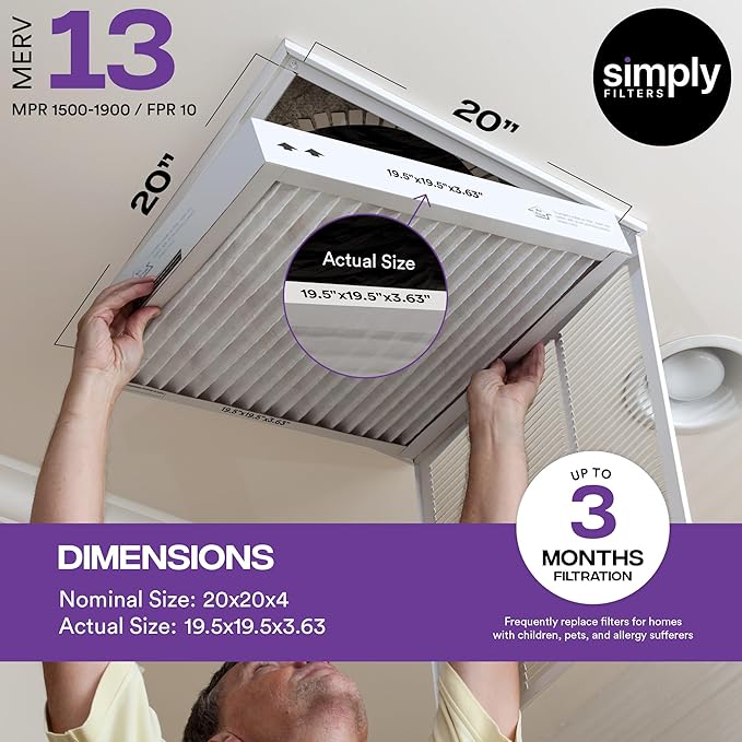 Simply 20x20x4 Air Filter, MERV 13, 2 Pack, Furnace Air Filter for HVAC (Actual Size:19.5"x19.5"x3.63") DUST, Pet, & Allergy Control