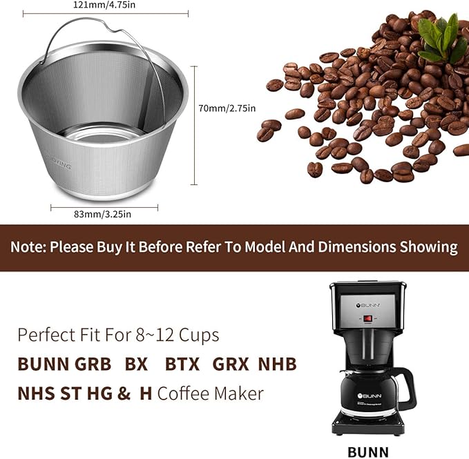 Reusable Stainless Steel Coffee Filter for BUNN 8-10 Cup Brewers, Permanent Replacement Filter, High Flow Mesh, Dishwasher Safe, BPA-Free