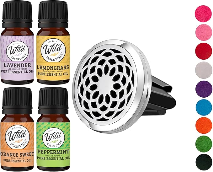 Wild Essentials Sunflower Essential Oil Car Vent Diffuser Kit, Lavender, Lemongrass, Peppermint, Orange Oils, Stainless Steel Locket Pendant, 8 Refill Pads, Customizable Color Changing Air Freshener