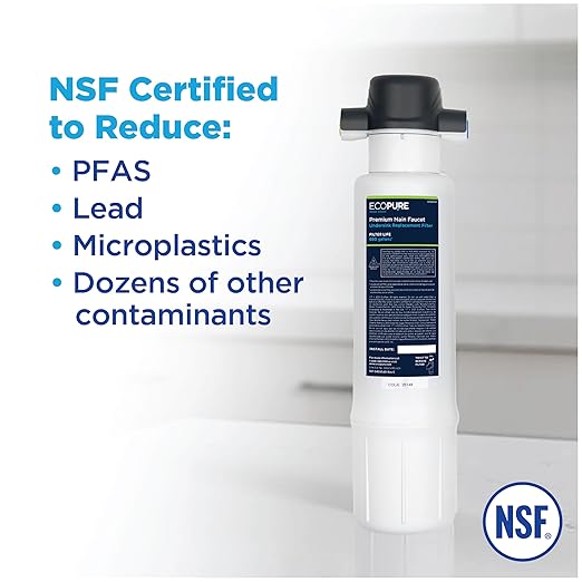EcoPure EPWPFF Premium Main Faucet Under Sink Water Filtration System – NSF Certified to Reduce Lead, Chlorine, Cysts, PFAs, Microplastics, Bad Taste & Odor – Easy DIY Install Under Counter