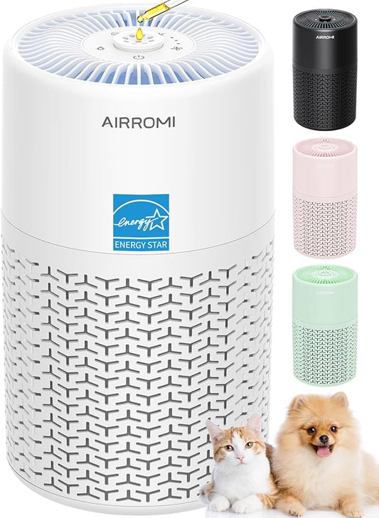 AIRROMI Pets Air Purifier for Home Allergies,Up to 660 ft². HEPA Deodorizing Activated Carbon Filter,With Fragrance Sponge for Better Sleep,Night Light,Pet Dander,Smoke,Odors,Air Cleaner A2002 White