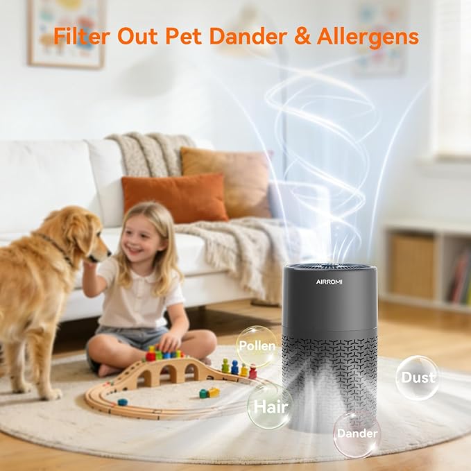 AIRROMI Pets Air Purifier for Home Allergies,Up to 660 ft².HEPA Deodorizing Activated Carbon Filter,With Fragrance Sponge for Better Sleep,Night Light,Pet Dander,Smoke,Odors,Air Cleaner A2002 Black